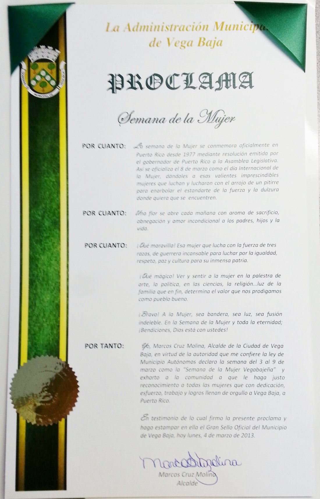 PROCLAMA DE LA SEMANA DE LA MUJER