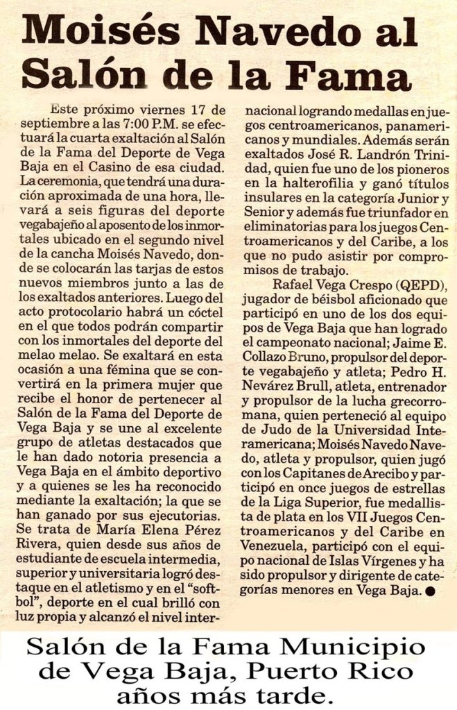 SALON DE LA FAMA 145-0 Moisés Navedo Salón de la Fama (Recorte periódico)