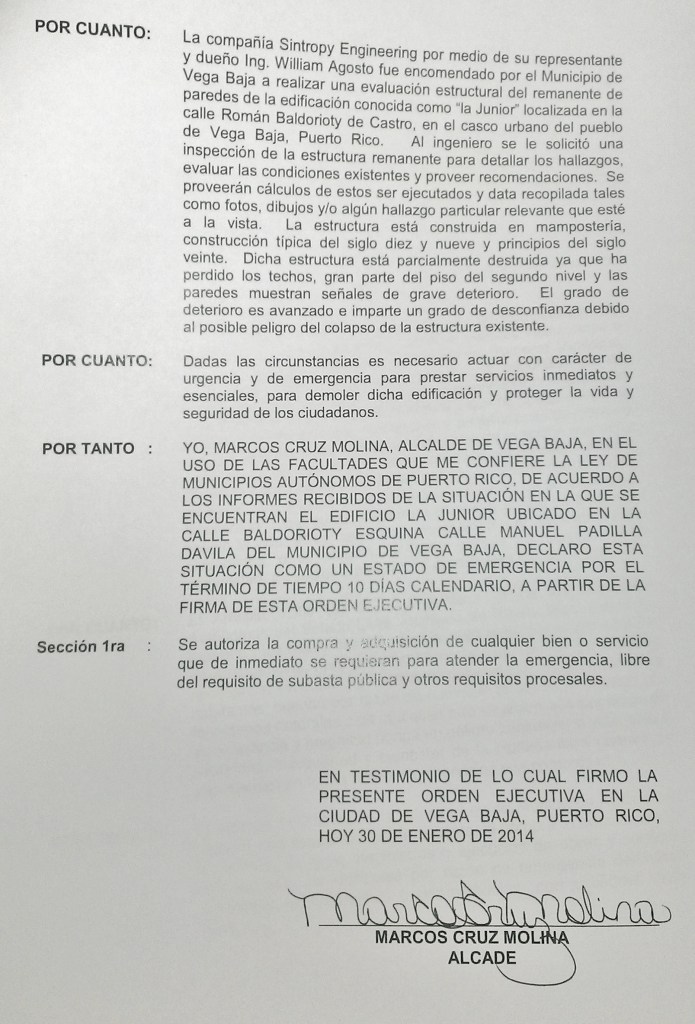 ORDEN EJECUTIVA PARA DEMOLER LA JUNIOR 2