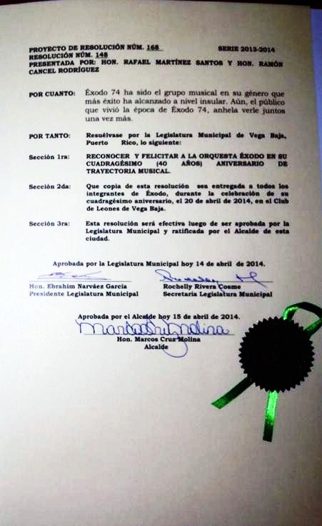 Resolucion de la Legislatura Municipal y el alcalde reconociendo a Exodo 74 2