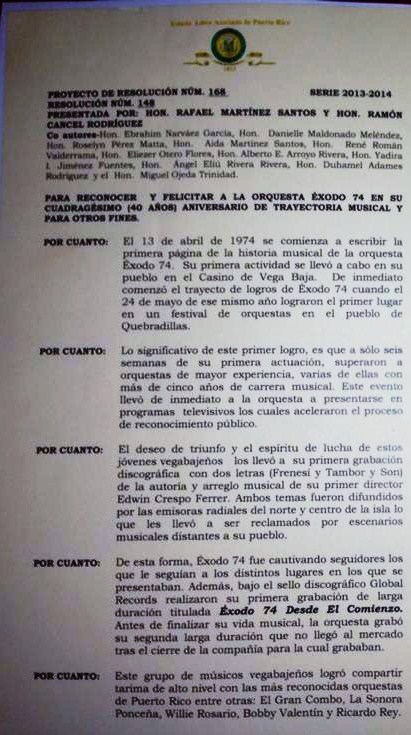Resolucion de la Legislatura Municipal y el alcalde reconociendo a Exodo 74