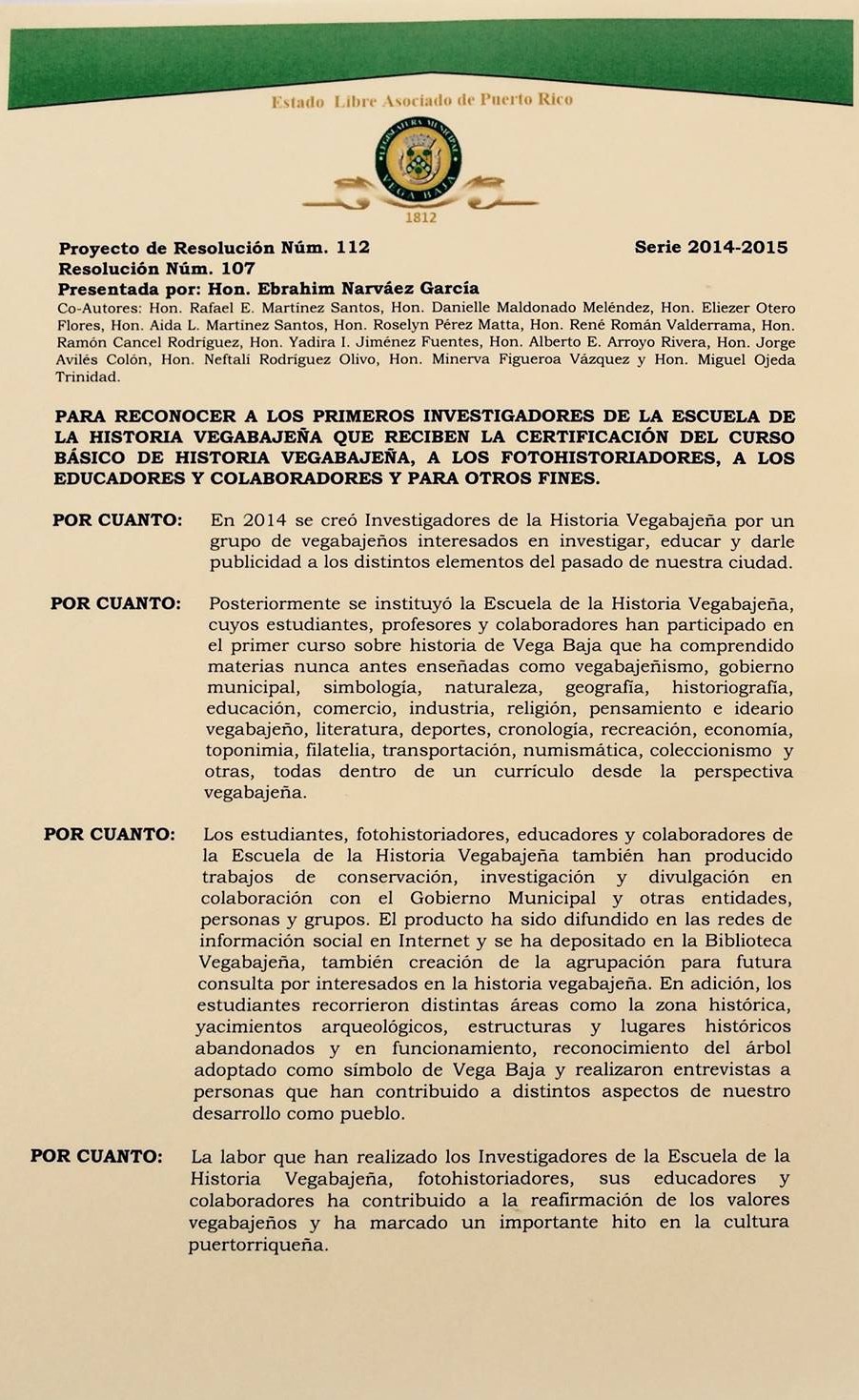 RESOLUCION DE LA LEGISLATURA MUNICIPAL